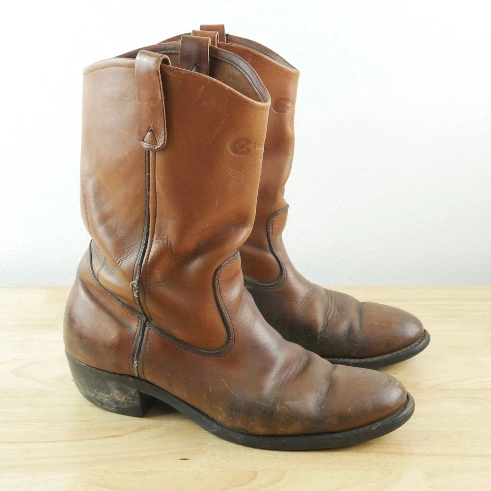 Chippewa Vintage Brown Leather Work Boots Mens 10 B USA Western Roper Pull On